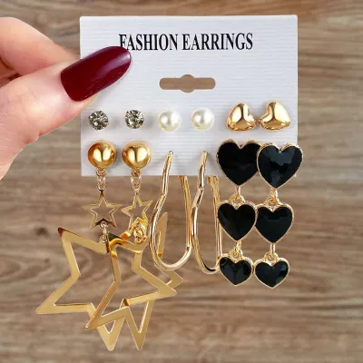 Black Golden Heart Shaped Hoop Earrings Set ( 6 Pairs )